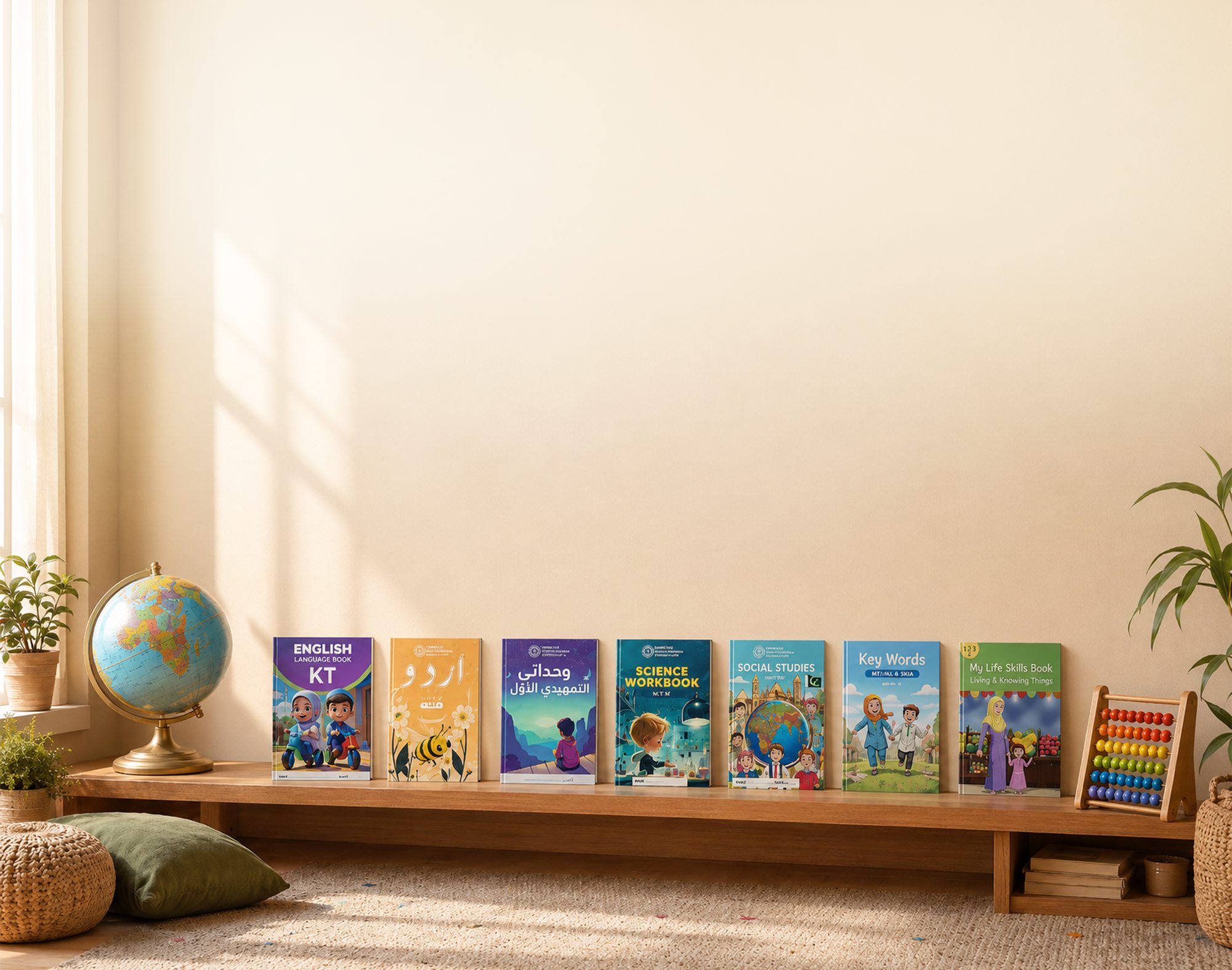 Tarbiyah International curriculum books on a bench